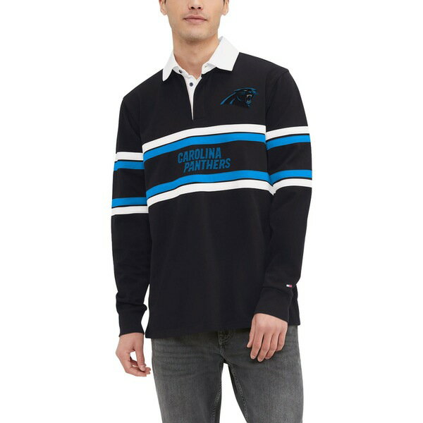 トミー ヒルフィガー メンズ Tシャツ トップス Carolina Panthers Tommy Hilfiger Cory Varsity Rugby Long Sleeve TShirt Black