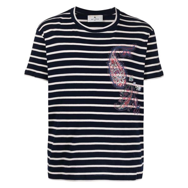 エトロ メンズ Tシャツ トップス ストライプ ペイズリーTシャツ navy blue/white