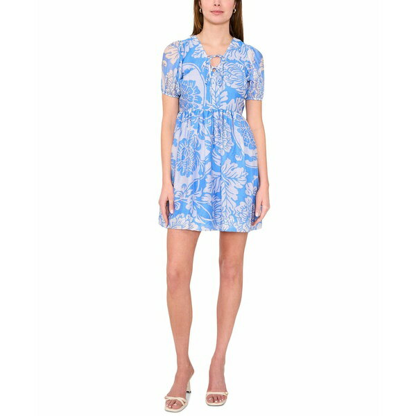 ミスク レディース ワンピース トップス Plus Size Printed Short-Puff-Sleeve Dress Blue Multi