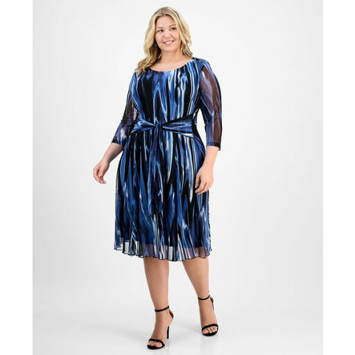 コネクテッド レディース ワンピース トップス Plus Size Printed Tie-Waist Sheath Dress Blue コネクテッド レディース ワンピース トップス Plus Size Printed Tie-Waist Sheath Dress Blue