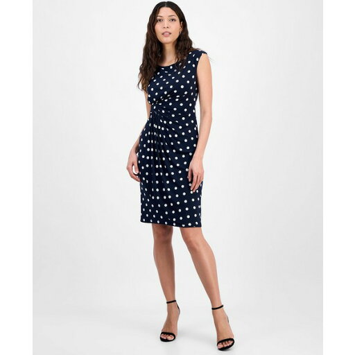 コネクテッド レディース ワンピース トップス Women's Gathered Faux-Wrap Polka-Dot Dress Nvy コネクテッド レディース ワンピース トップス Women's Gathered Faux-Wrap Polka-Dot Dress Nvy