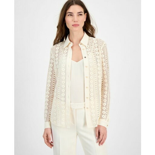 アンクライン レディース カットソー トップス Women's Cotton Long-Sleeve Crochet Shirt Lt Dune アンクライン レディース カットソー トップス Women's Cotton Long-Sleeve Crochet Shirt Lt Dune