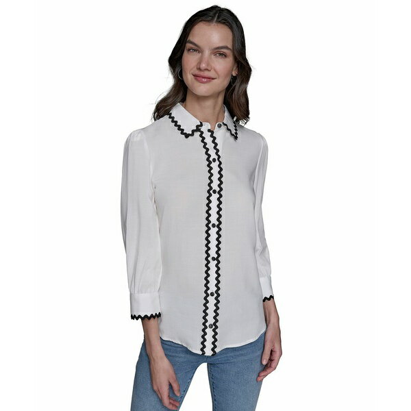 カールラガーフェルド レディース カットソー トップス Women's Contrast-Trim Button-Front Top Soft White