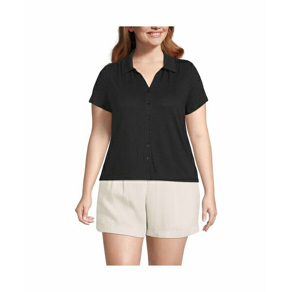 ランズエンド レディース カットソー トップス Plus Size Linen Blend Short Sleeve Button Front Polo Top Black