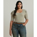 ラルフローレン レディース カットソー トップス Plus Size Striped Cotton Jersey Puff-Sleeve Tee Aqua Pearl Mascarpone Cream