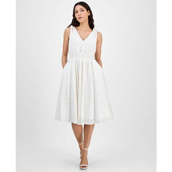 アンクライン レディース ワンピース トップス Women's Cotton Eyelet Sleeveless Fit & Flare Dress Pearl White