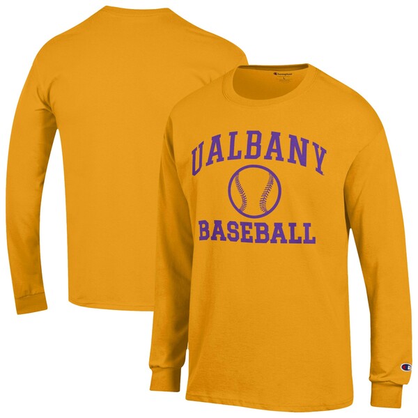チャンピオン メンズ Tシャツ トップス UAlbany Great Danes Champion Baseball Icon Long Sleeve T Shirt Gold