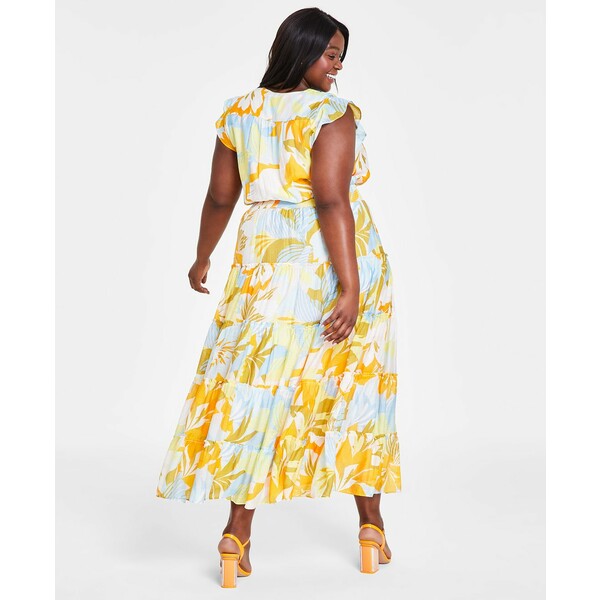 󥹥ࡼ ǥ ԡ ȥåץ Plus Size Printed Flutter-Sleeve Tiered Maxi Dress Airy Blue