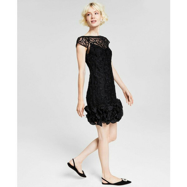 ゲス レディース ワンピース トップス Floral-Lace Ruffled-Hem Sheath Black