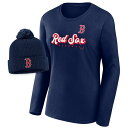 ファナティクス レディース Tシャツ トップス Boston Red Sox Fanatics Branded Women 039 s Run The Bases Long Sleeve TShirt Cuffed Knit Hat with Pom Combo Set Navy
