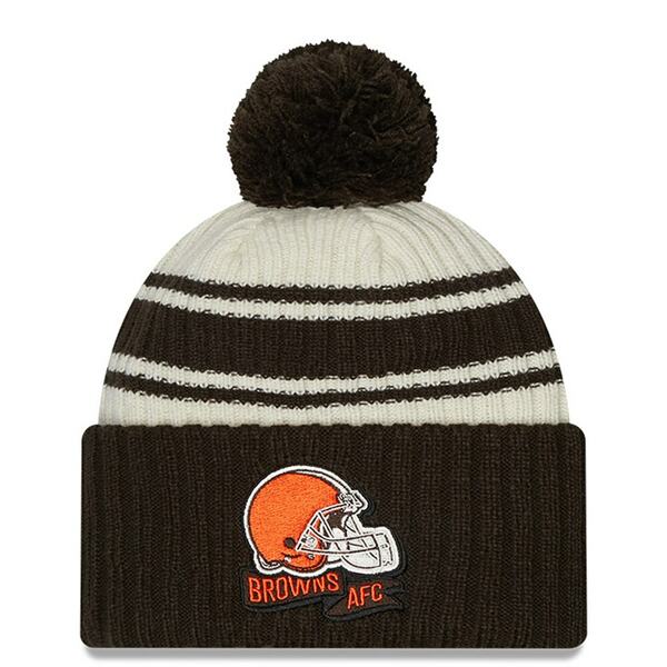 j[G Y Xq ANZT[ Cleveland Browns New Era 2022 Sideline Sport Cuffed Pom Knit Hat Cream/Brown