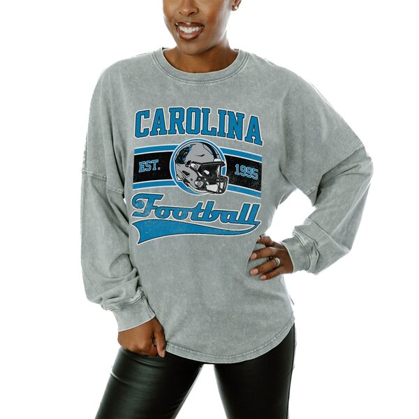 楽天astyゲームデイ レディース Tシャツ トップス Carolina Panthers Gameday Couture Women's Snow Wash Oversized Long Sleeve T Shirt Gray