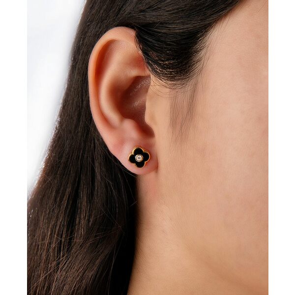  ٥ˡ ǥ ԥ ꡼ Clear Cubic Zirconia and Black Enameled Clover Stud Earrings Gold Over Silver