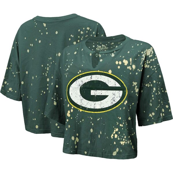 マジェスティックスレッズ レディース Tシャツ トップス Green Bay Packers Majestic Threads Women 039 s Bleach Splatter Notch Neck Crop TShirt Green