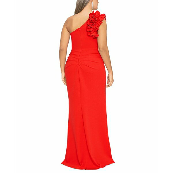 エスケープ レディース ワンピース トップス Plus Size Ruffled One-Shoulder Scuba Crepe Gown Red