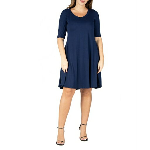 24セブンコンフォート レディース ワンピース トップス Women's Plus Size Fit and Flare Elbow Sleeves Dress Navy 24セブンコンフォート レディース ワンピース トップス Women's Plus Size Fit and Flare Elbow Sleeves Dress Navy