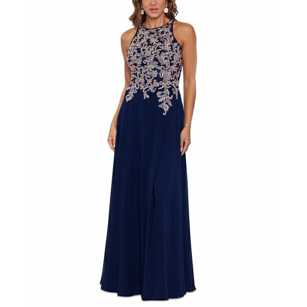 ベッツィ アンド アダム レディース ワンピース トップス Embellished-Bodice Chiffon Gown Navy/Rose