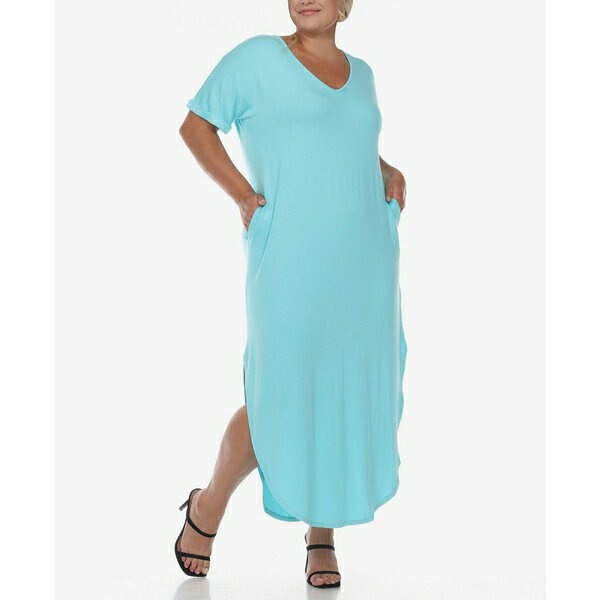 ホワイトマーク レディース ワンピース トップス Plus Size Short Sleeve V-neck Maxi Dress Aqua