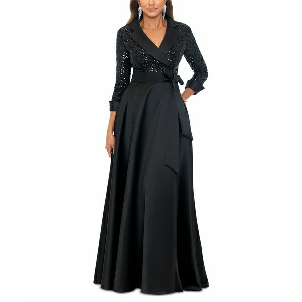 エスケープ レディース ワンピース トップス Women's Sequined Tuxedo Belted Ball Gown Black