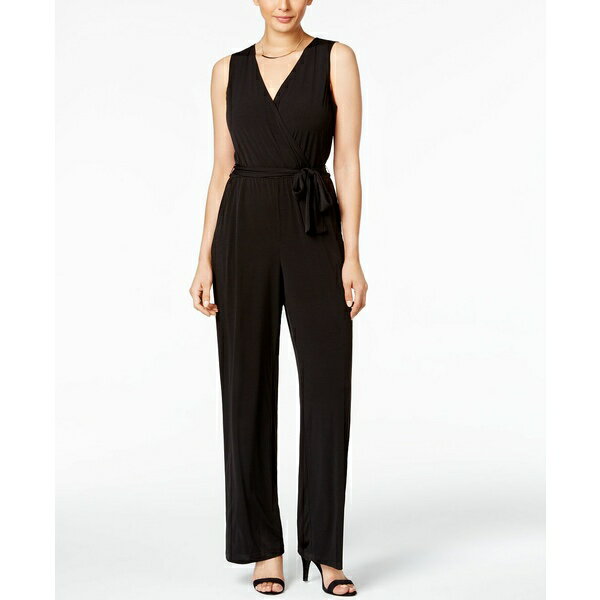 ニューヨークコレクション レディース ワンピース トップス Petite Surplice Belted Wide-Leg Jumpsuit Black(4)