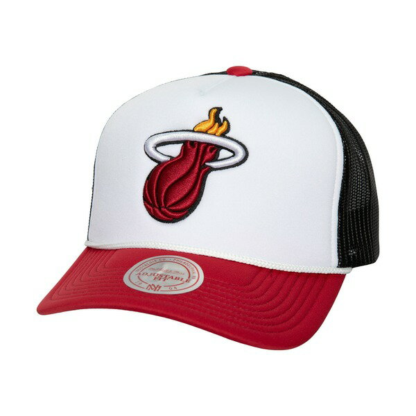 ~b`F&lX Y Xq ANZT[ Miami Heat Mitchell & Ness Hardwood Classics Blocker Foam Front Trucker Adjustable Hat White