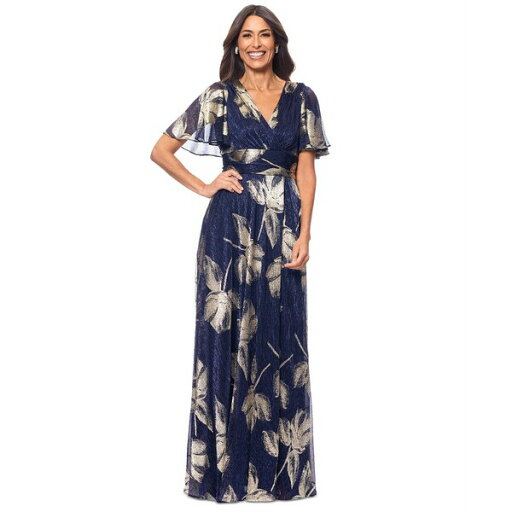 ベッツィ アンド アダム レディース ワンピース トップス Women's Crinkled Flutter-Sleeve Gown Navy/gold ベッツィ アンド アダム レディース ワンピース トップス Women's Crinkled Flutter-Sleeve Gown Navy/gold