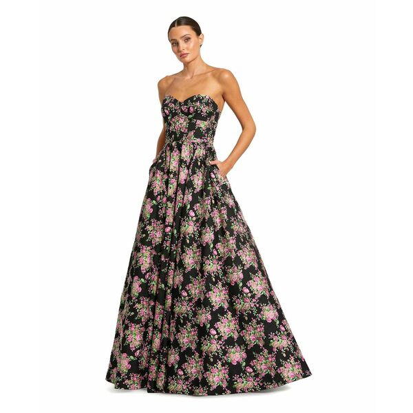 マックダガル レディース ワンピース トップス Women's Strapless Sweetheart Brocade Floral A Line Gown Black multi