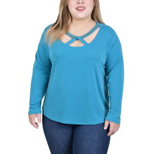 ニューヨークコレクション レディース カットソー トップス Plus Size Long Sleeve Jeweled Neck Top Enamel Blue