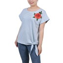 ニューヨークコレクション レディース カットソー トップス Women's Short Sleeve Embroidered Tie Front Top Blue White Stripe