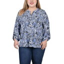 ニューヨークコレクション レディース カットソー トップス Plus Size Long Roll Tab Sleeve Pintuck Front Blouse Royal Tropical Leaf(4)