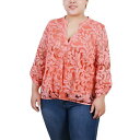 ニューヨークコレクション レディース カットソー トップス Plus Size Long Sleeve Burnout Y-Neck Blouse Klee Coral Scrolleaf(4)