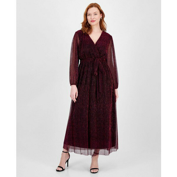 ロビービー レディース ワンピース トップス Women's Sequinned-Mesh Belted Maxi Dress Red Plum Black