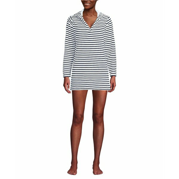 ランズエンド レディース ワンピース トップス Women's Terry Hooded Mini Swim Cover-up Dress White/deep sea stripe