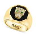 GtB[ RNV fB[X O ANZT[ EFFY&reg; Men's Onyx, Diamond (1/4 ct. t.w.) & Tsavorite Accent Panther Ring in 14k Gold Yellow Gold