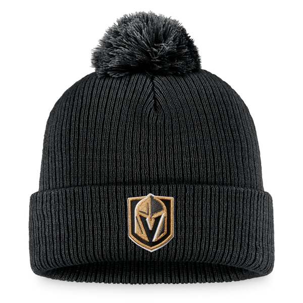 t@ieBNX Y Xq ANZT[ Vegas Golden Knights Fanatics Branded Core Primary Logo Cuffed Knit Hat with Pom Black