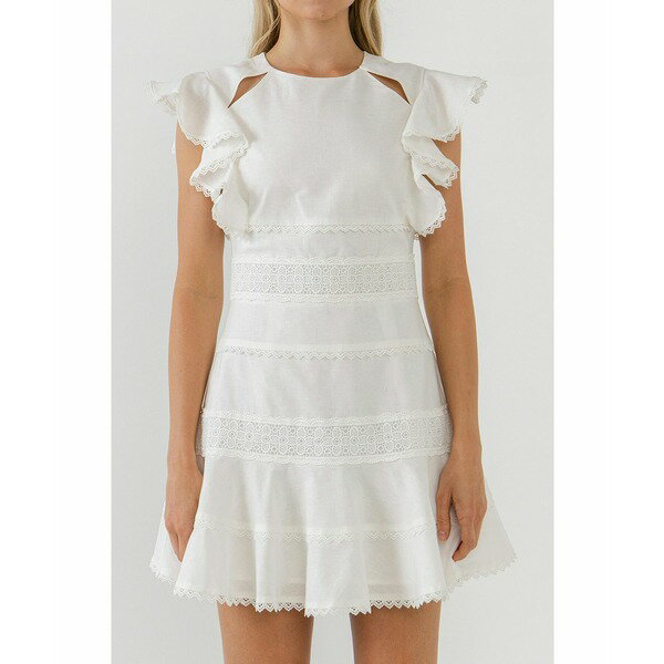 エンドレスローズ レディース ワンピース トップス Women's Lace Trimmed Ruffle Sleeve Dress with Cutout White