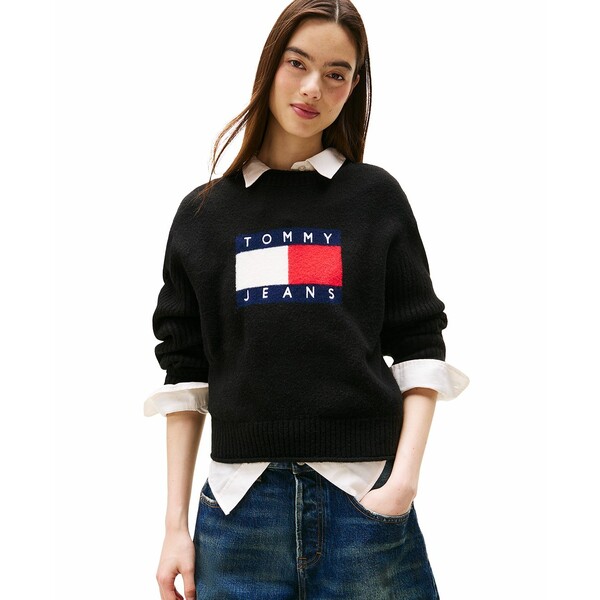 トミーヒルフィガー レディース ニット&セーター アウター Women's Melange-Flag Crewneck Sweater Bla..