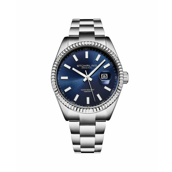 スターリング メンズ 腕時計 アクセサリー Vanguard 4069 Men s Quartz Watch 42mm, Blue Dial, Stainless Steel Bracelet, Fluted Bezel, Date, 100M Water Resistant Blue(2)