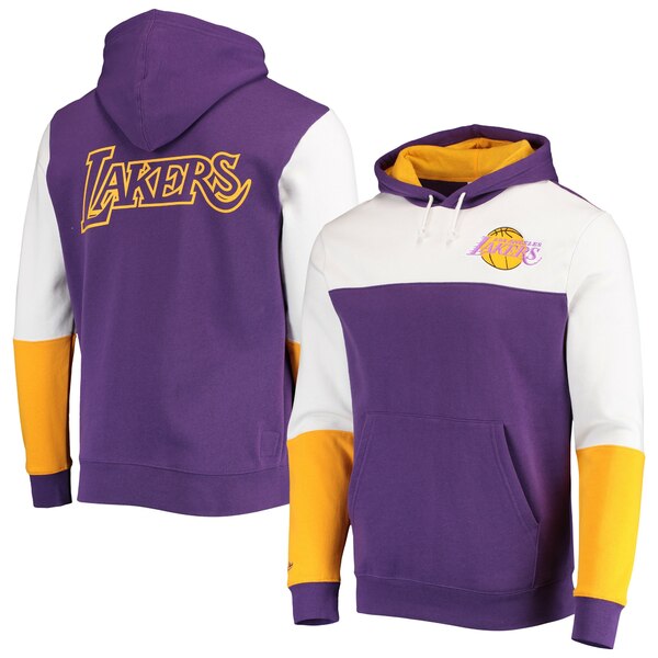 ミッチェル ネス メンズ パーカー スウェットシャツ アウター Los Angeles Lakers Mitchell Ness Hardwood Classics Fusion 2.0 Colorblock Pullover Hoodie Purple