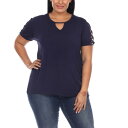 ホワイトマーク レディース カットソー トップス Plus Size Keyhole Neck Cutout Short Sleeve Top Navy