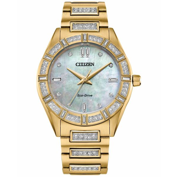 シチズン レディース 腕時計 アクセサリー Eco-Drive Women's Crystal Gold-Tone Stainless Steel Bracelet Watch 34mm Silver-tone