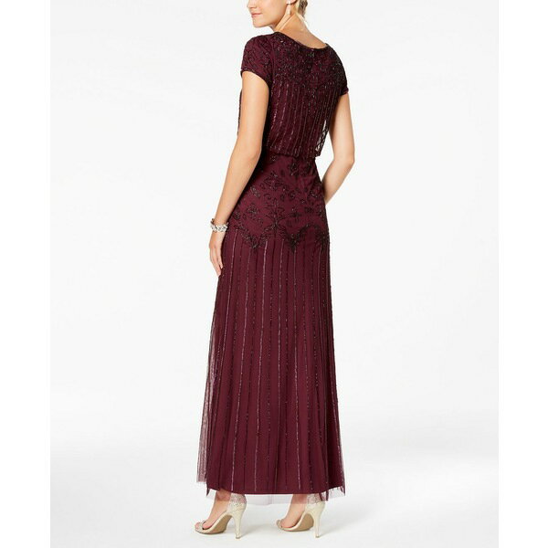 アドリアナ パペル レディース ワンピース トップス Women's Beaded Short-Sleeve Sheer-Overlay Gown Cassis Red