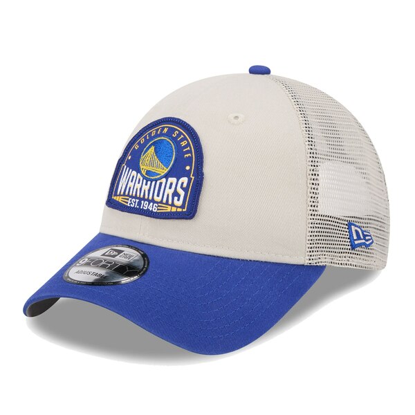 j[G Y Xq ANZT[ Golden State Warriors New Era Throwback Patch Trucker 9FORTY Adjustable Hat Khaki/Royal