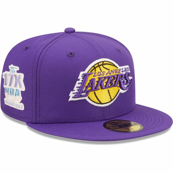 j[G Y Xq ANZT[ Los Angeles Lakers New Era 17x NBA Finals Champions Pop Sweat 59FIFTY Fitted Hat Purple