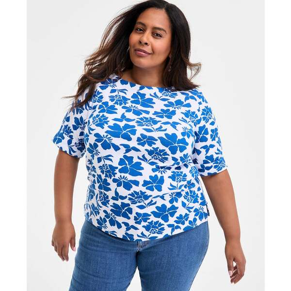 スタイルアンドコー レディース カットソー トップス Plus Size Printed Elbow-Sleeve Top, Exclusively at Macy's Abyss Blue Combo