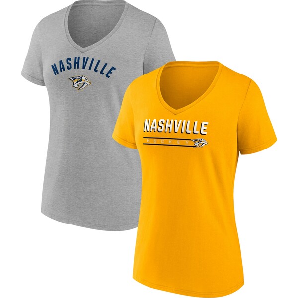ファナティクス レディース Tシャツ トップス Nashville Predators Fanatics Branded Women 039 s 2Pack VNeck TShirt Set Gold/Heathered Gray