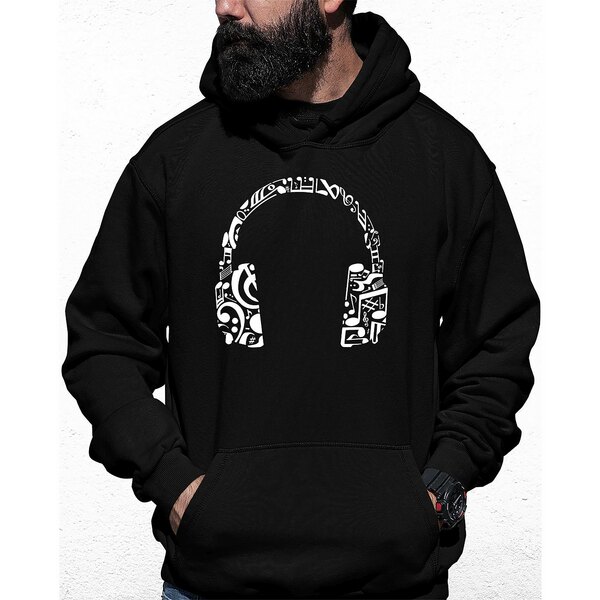 楽天astyエルエーポップアート メンズ パーカー・スウェットシャツ アウター Men's Music Note Headphones Word Art Hooded Sweatshirt Black