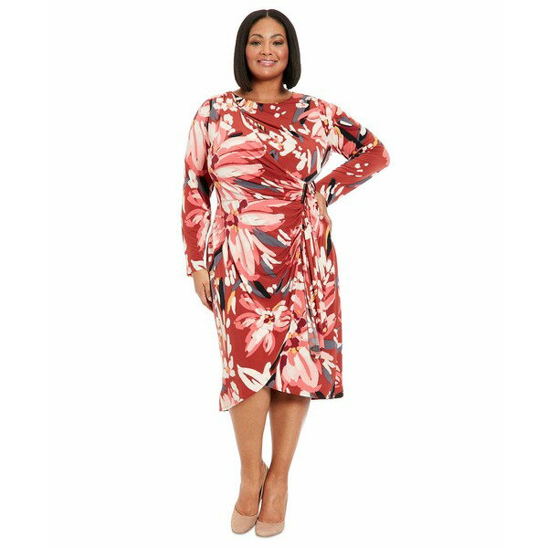 ロンドンタイムス レディース ワンピース トップス Plus Size Hardware-Trim Side-Ruched Dress Red Multi