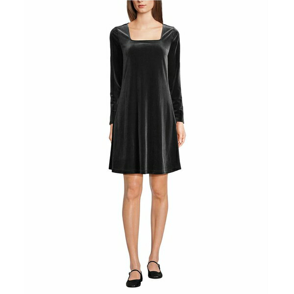 ランズエンド レディース ワンピース トップス Women's Knit Velvet Square Neck Dress Black
