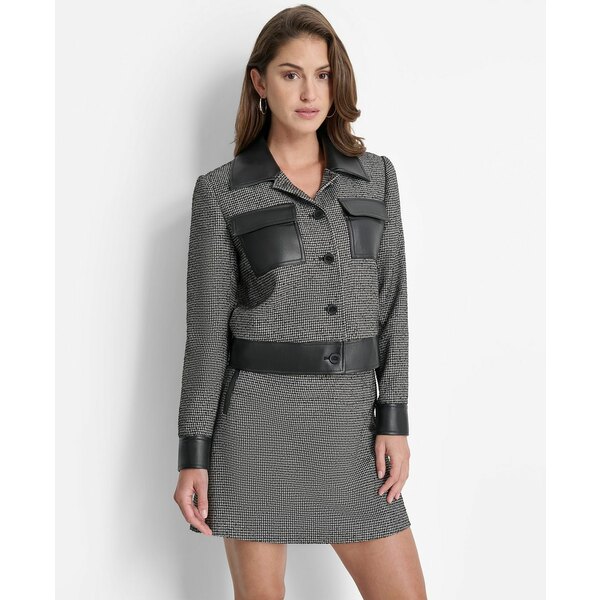 ダナ キャラン ニューヨーク レディース ジャケット&ブルゾン アウター Women's Faux-Leather-Trim Button-Front Jacket Blk/ivy
